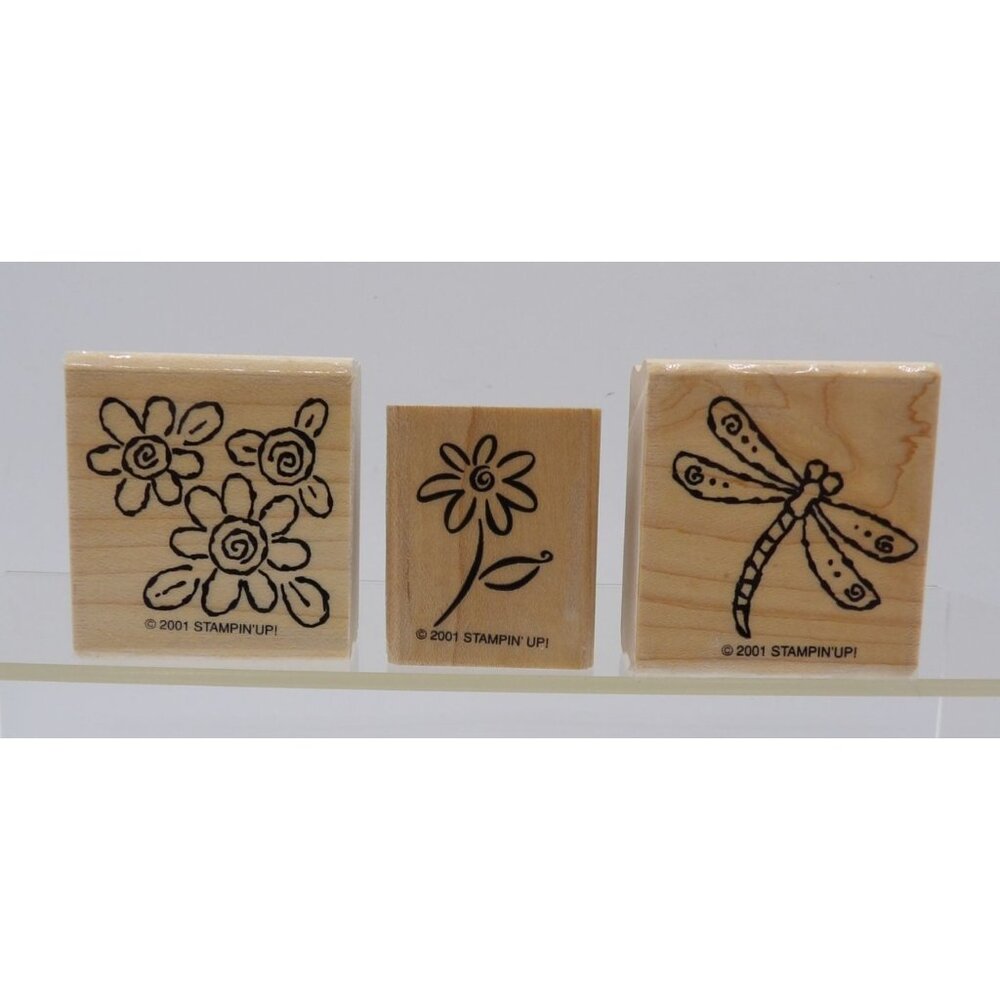 Wooden Rubber Summer Stamps Set Of 3 - Flowers & Dragonfly Stampin' Up!© 2001
